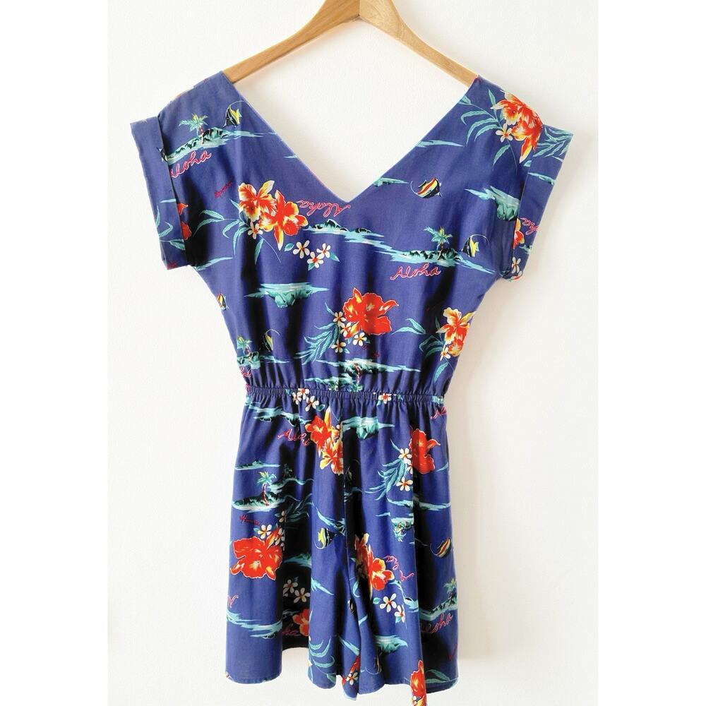 Vintage Hawaiian Blue Floral Tie Back Cotton Hana Romper Size Small